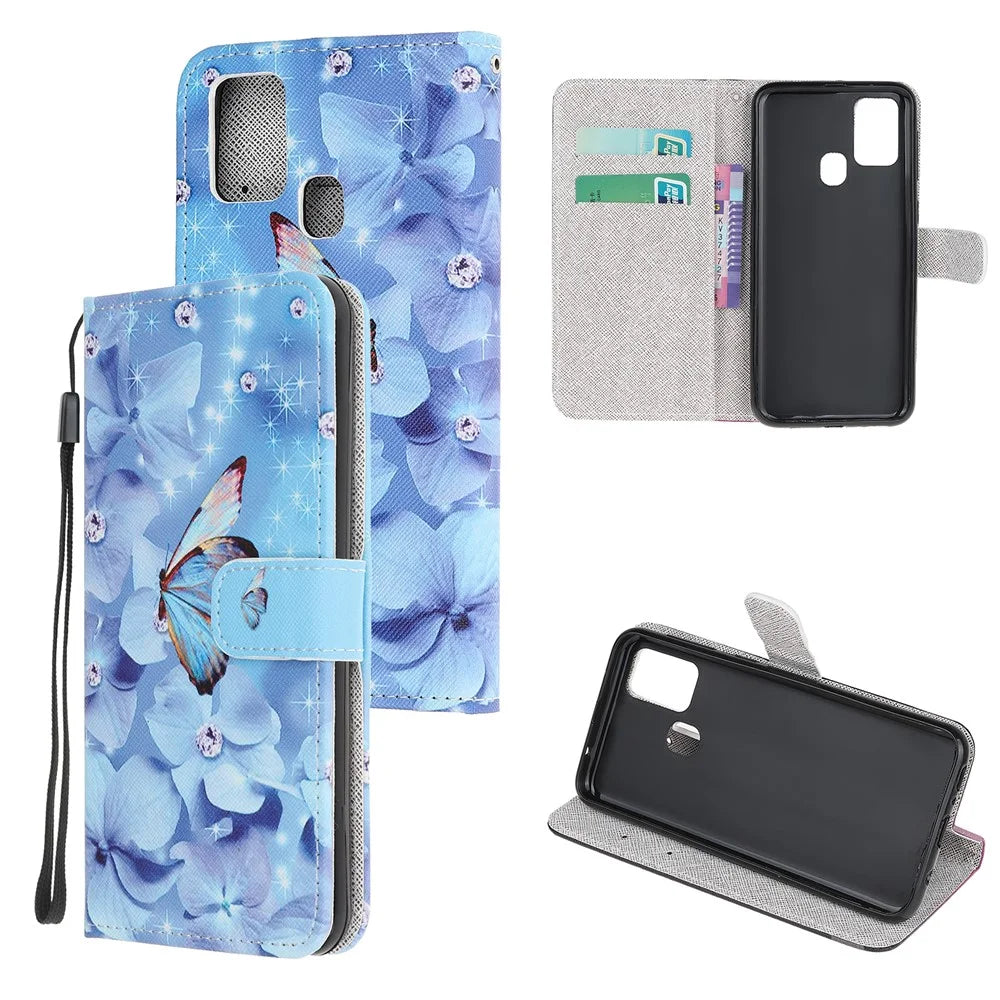 Pattern Printing Cross Texture Leather Mobile Cover for Samsung Galaxy M21 / M30s - Butterfly and Flowers - 1