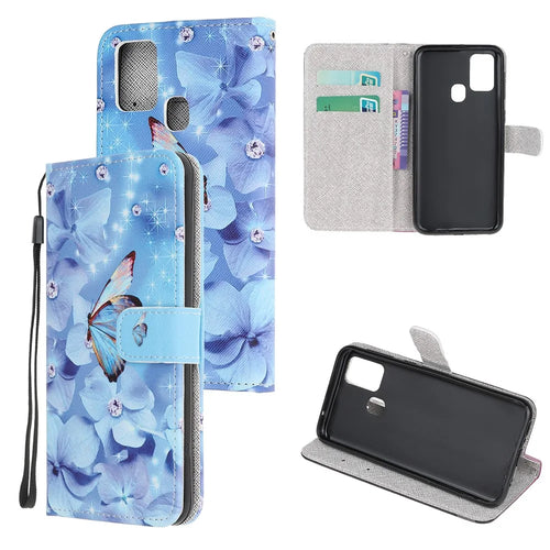 Pattern Printing Cross Texture Leather Mobile Cover for Samsung Galaxy M21 / M30s - Butterfly and Flowers - 1