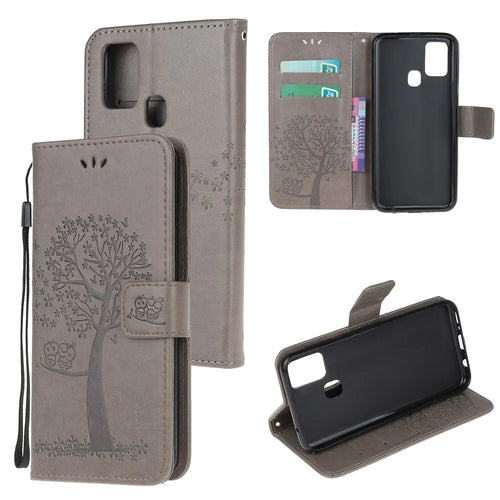 Imprint Tree Owl Leather Stylish Wallet  Stand Case for Samsung Galaxy A21s - Grey - 1