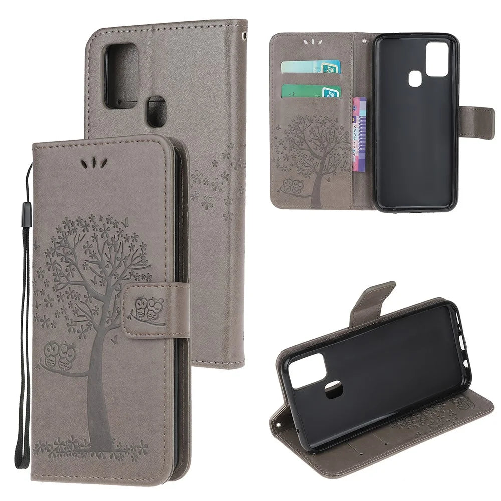 Imprint Tree Owl Leather Stylish Wallet  Stand Case for Samsung Galaxy A21s - Grey - 1