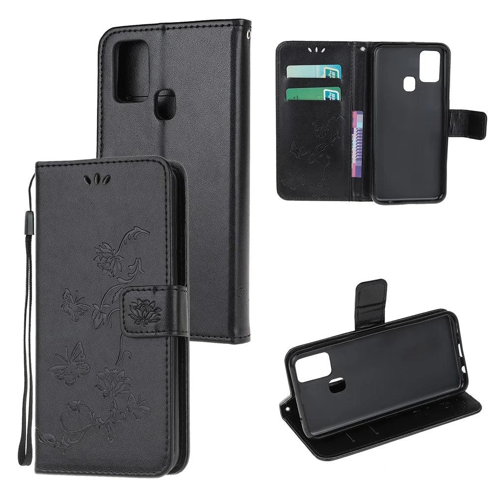 Imprint Butterfly Flower PU Leather Case with Strap for Samsung Galaxy A21s - Black - 1