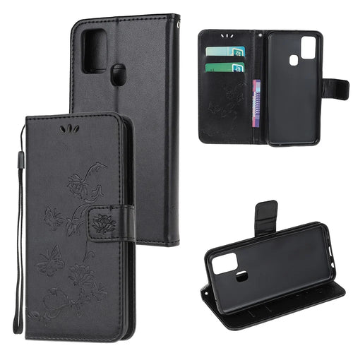Imprint Butterfly Flower PU Leather Case with Strap for Samsung Galaxy A21s - Black - 1