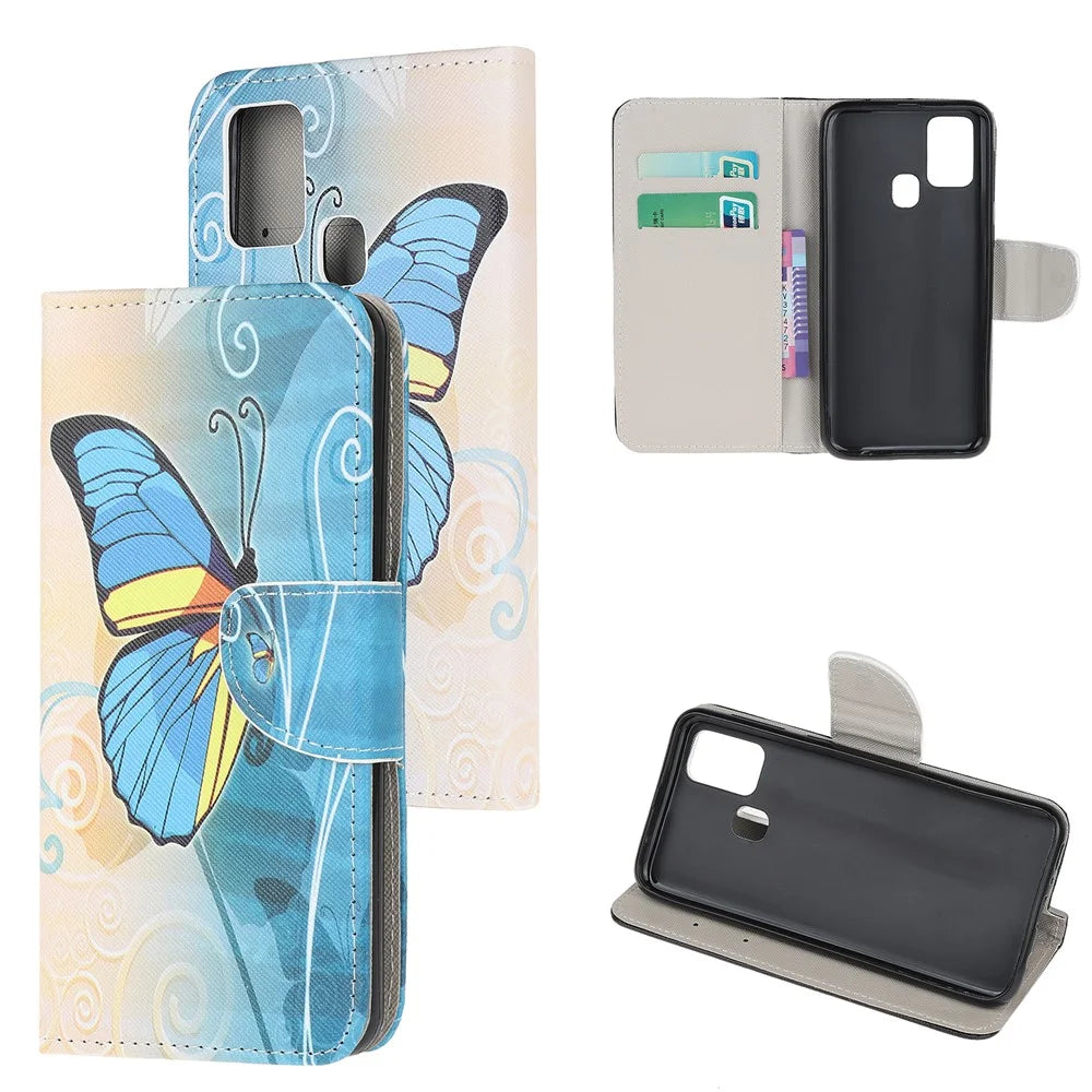 Cross Texture Pattern Printing Leather Wallet Phone Cover with Strap for Samsung Galaxy A21s - Blue Butterflies - 1