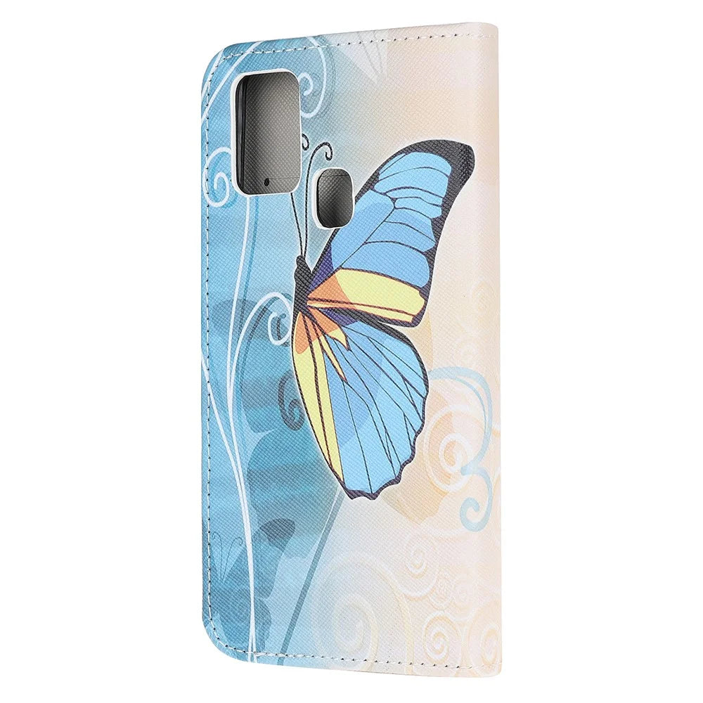 Cross Texture Pattern Printing Leather Wallet Phone Cover with Strap for Samsung Galaxy A21s - Blue Butterflies - 3