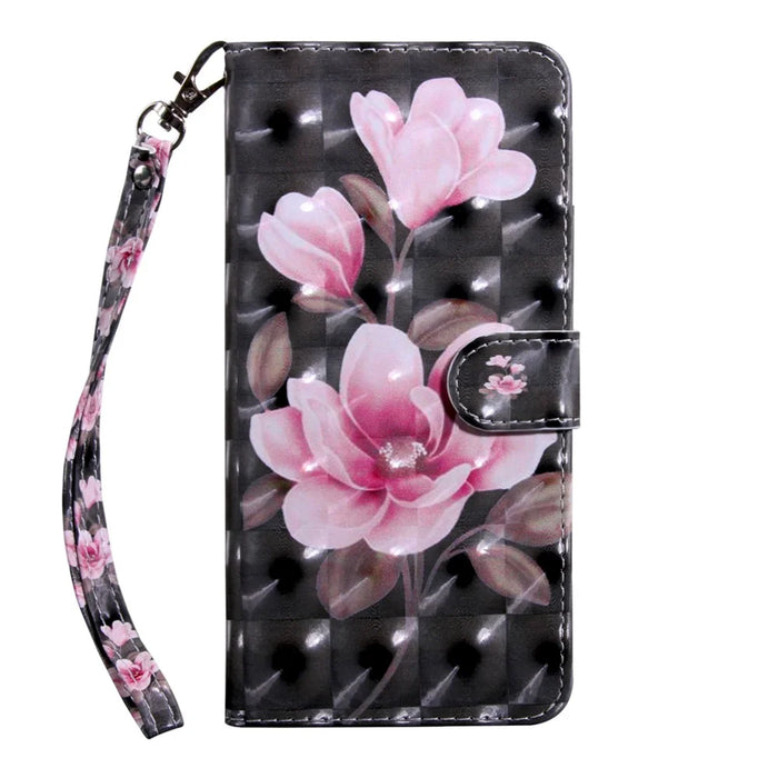 Light Spot Decor Pattern Printing Wallet Stand Leather Case with Strap for Samsung Galaxy M21 - Pink Flower - 2