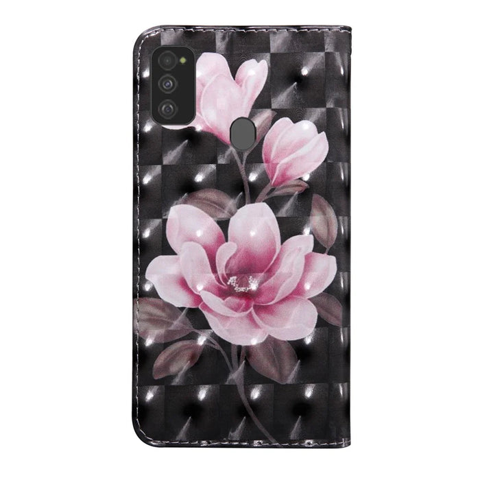 Light Spot Decor Pattern Printing Wallet Stand Leather Case with Strap for Samsung Galaxy M21 - Pink Flower - 3