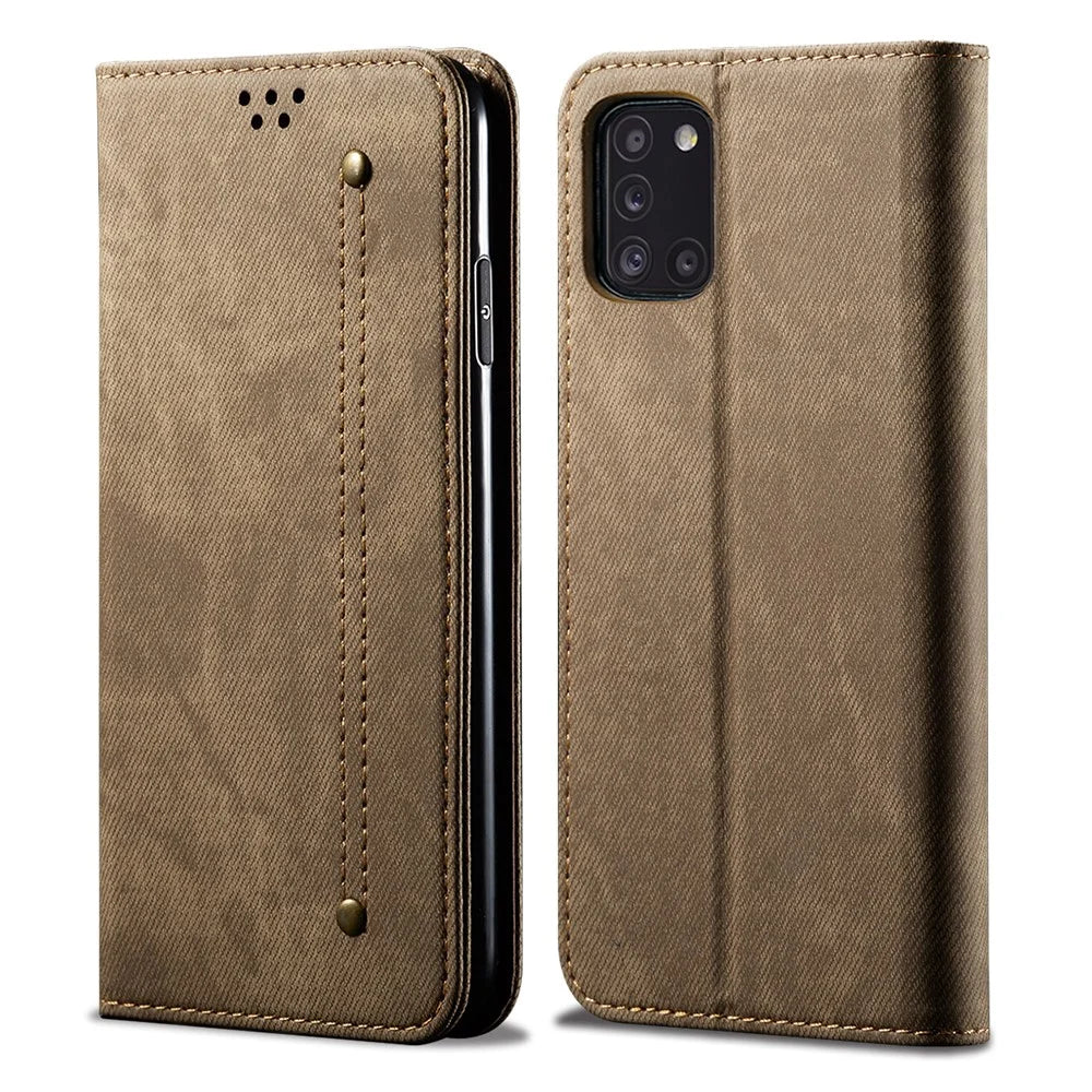 Jeans Cloth Leather Wallet Cell Phone Cover for Samsung Galaxy A31 - Khaki - 2