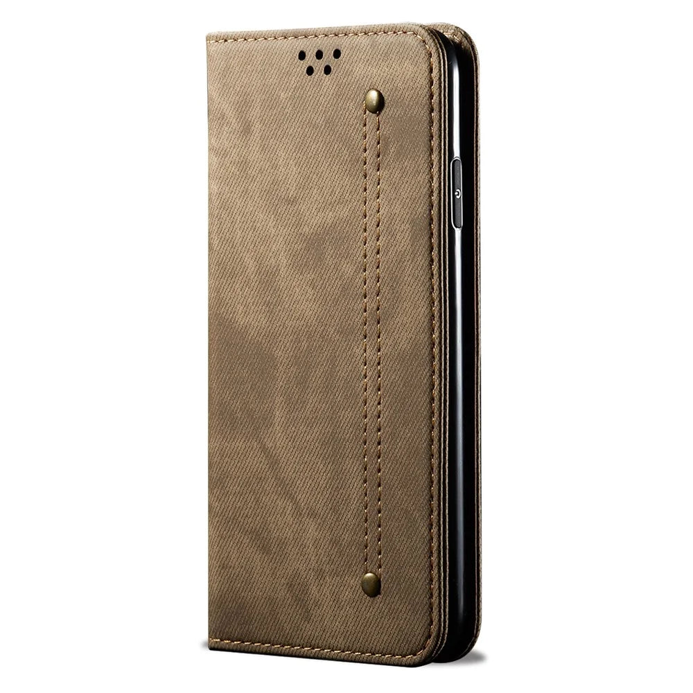 Jeans Cloth Leather Wallet Cell Phone Cover for Samsung Galaxy A31 - Khaki - 3