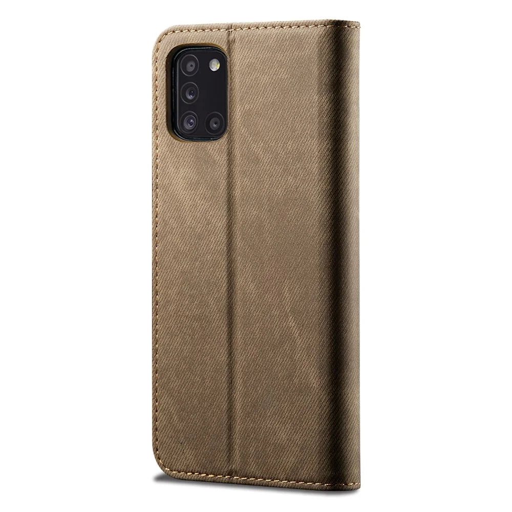 Jeans Cloth Leather Wallet Cell Phone Cover for Samsung Galaxy A31 - Khaki - 4
