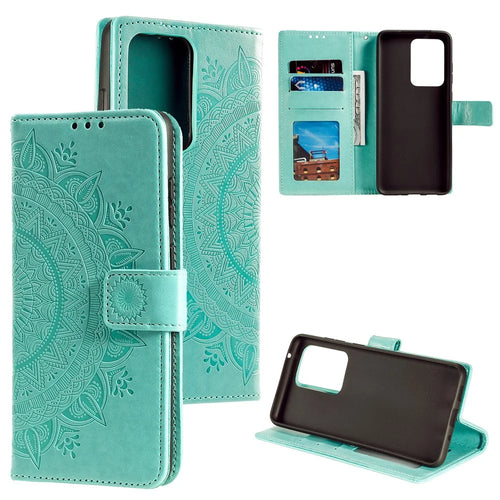 Imprint Flower Leather Wallet Case for Samsung Galaxy Note20 Ultra/Note20 Ultra 5G - Cyan - 1