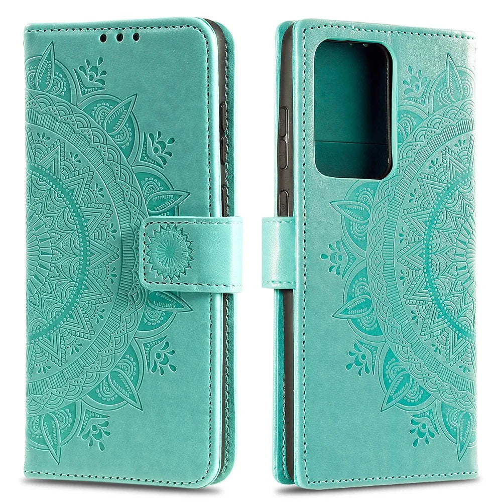 Imprint Flower Leather Wallet Case for Samsung Galaxy Note20 Ultra/Note20 Ultra 5G - Cyan - 2