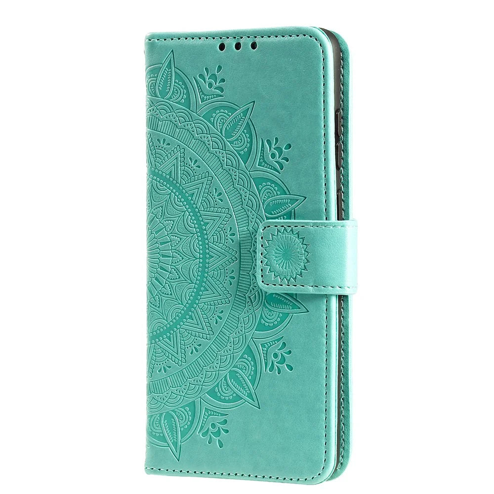 Imprint Flower Leather Wallet Case for Samsung Galaxy Note20 Ultra/Note20 Ultra 5G - Cyan - 5