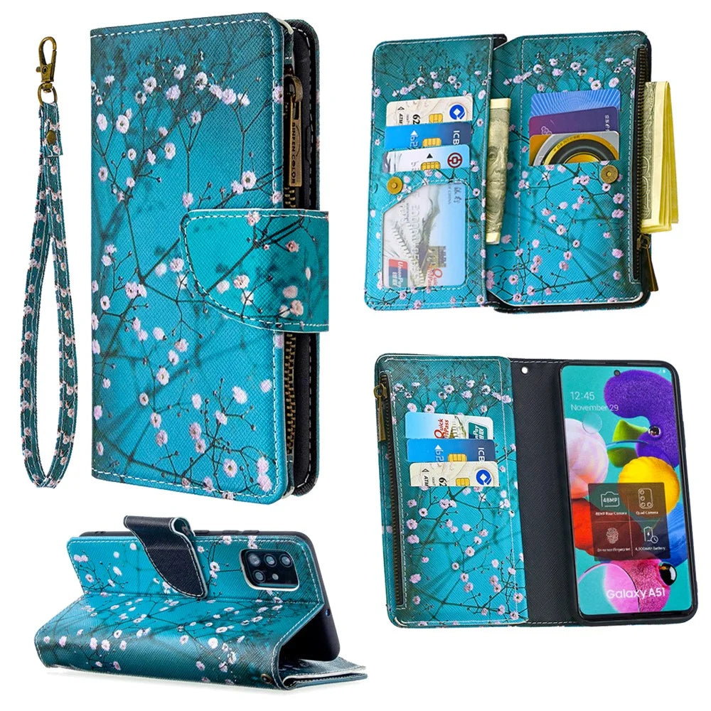 BF03 Pattern Printing Leather Mobile Case with Zipper Wallet for Samsung Galaxy A51 SM-A515 - Tree with Flower - 1