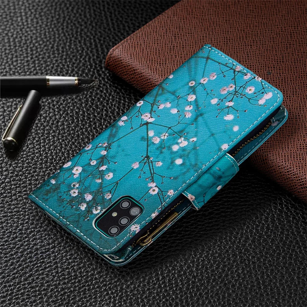 BF03 Pattern Printing Leather Mobile Case with Zipper Wallet for Samsung Galaxy A51 SM-A515 - Tree with Flower - 3