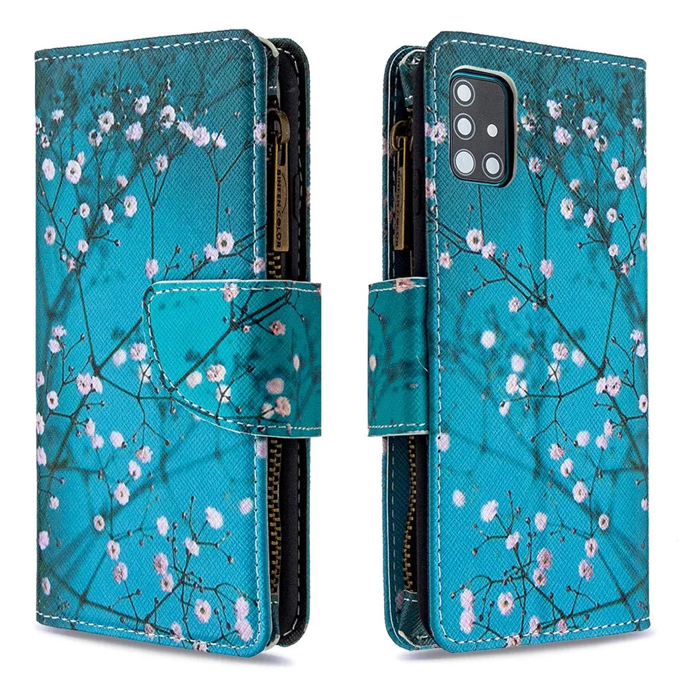 BF03 Pattern Printing Leather Mobile Case with Zipper Wallet for Samsung Galaxy A51 SM-A515 - Tree with Flower - 6