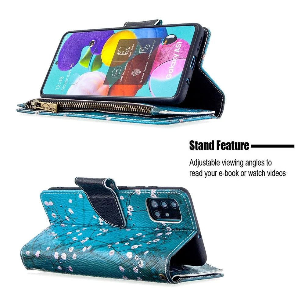 BF03 Pattern Printing Leather Mobile Case with Zipper Wallet for Samsung Galaxy A51 SM-A515 - Tree with Flower - 7