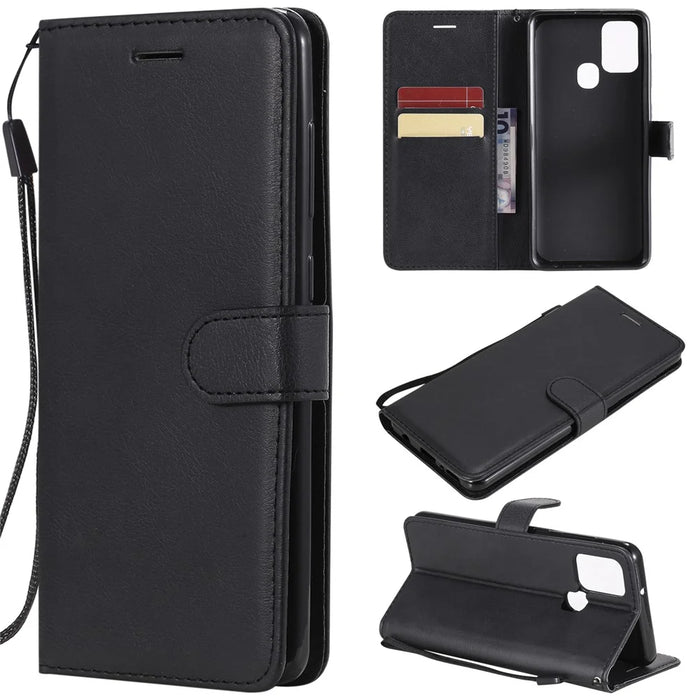 For Samsung Galaxy A21s Case Solid Color Leather Mobile Cover Wallet Stand with Strap - Black - 1