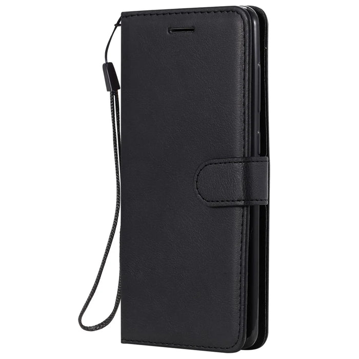 For Samsung Galaxy A21s Case Solid Color Leather Mobile Cover Wallet Stand with Strap - Black - 2