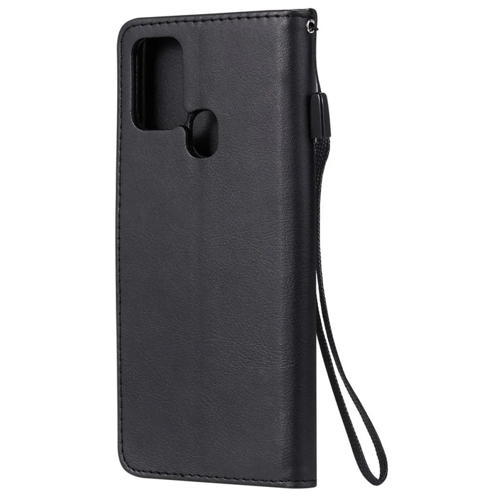 For Samsung Galaxy A21s Case Solid Color Leather Mobile Cover Wallet Stand with Strap - Black - 3