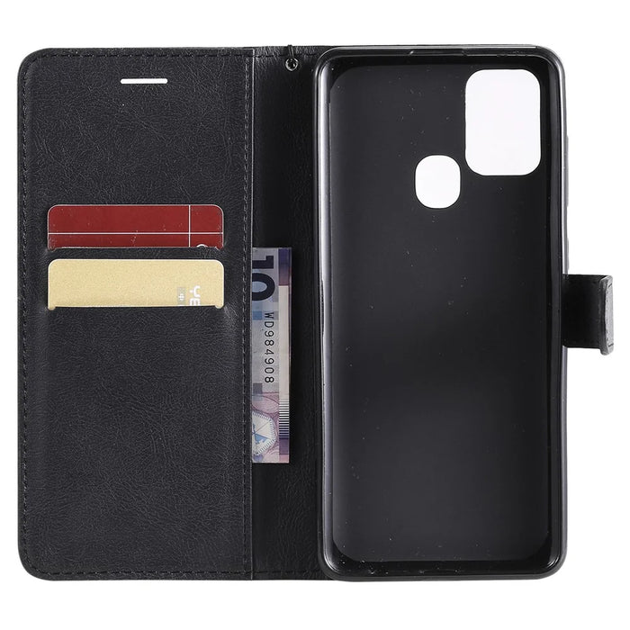 For Samsung Galaxy A21s Case Solid Color Leather Mobile Cover Wallet Stand with Strap - Black - 4