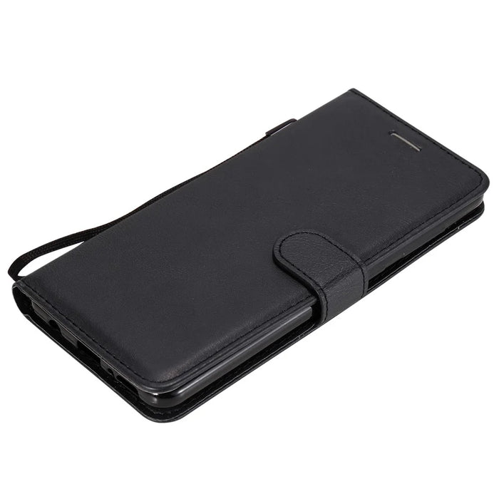 For Samsung Galaxy A21s Case Solid Color Leather Mobile Cover Wallet Stand with Strap - Black - 5