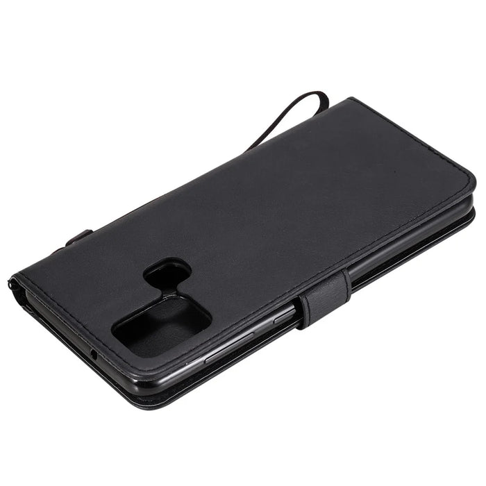 For Samsung Galaxy A21s Case Solid Color Leather Mobile Cover Wallet Stand with Strap - Black - 6