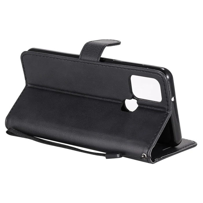 For Samsung Galaxy A21s Case Solid Color Leather Mobile Cover Wallet Stand with Strap - Black - 7