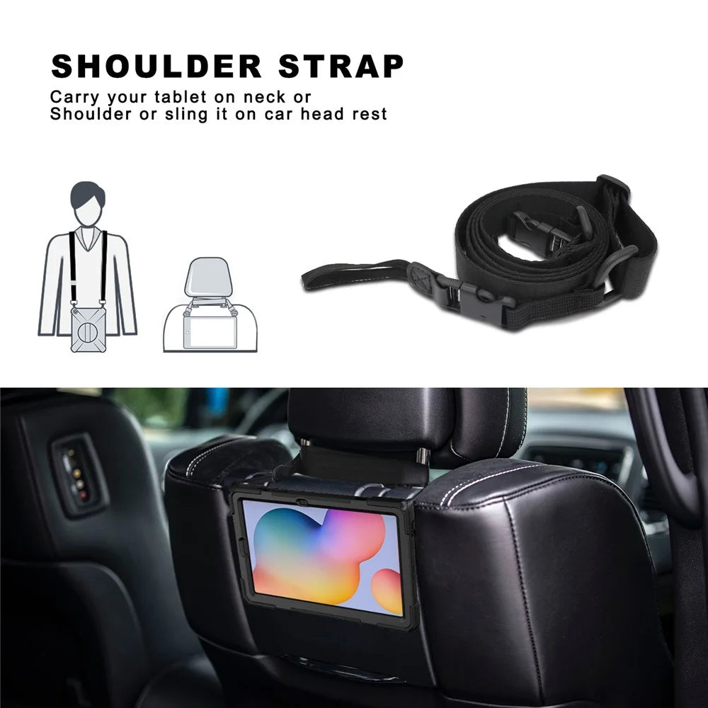 Kickstand Case for Samsung Galaxy Tab S6 Lite (2020) P610 P615 / (2022) / (2024) P620 PC + Silicone Tablet Cover with Shoulder Strap - Black - 2