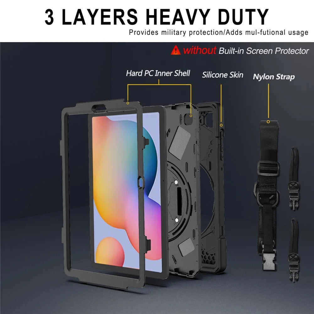 Kickstand Case for Samsung Galaxy Tab S6 Lite (2020) P610 P615 / (2022) / (2024) P620 PC + Silicone Tablet Cover with Shoulder Strap - Black - 4