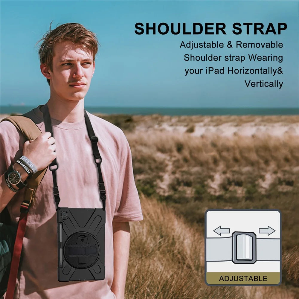 Kickstand Case for Samsung Galaxy Tab S6 Lite (2020) P610 P615 / (2022) / (2024) P620 PC + Silicone Tablet Cover with Shoulder Strap - Black - 5