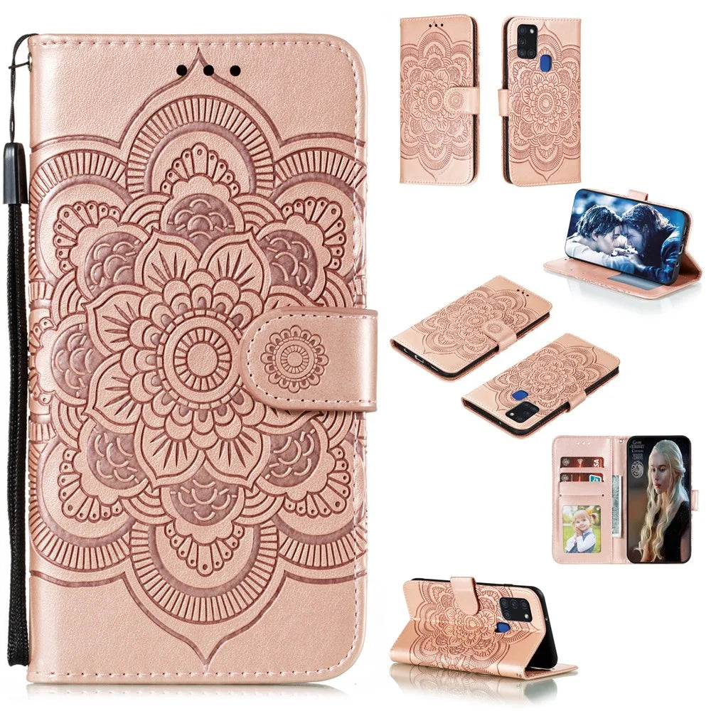 Imprint Mandala Flower Leather Shell for Samsung Galaxy A21s - Rose Gold - 1