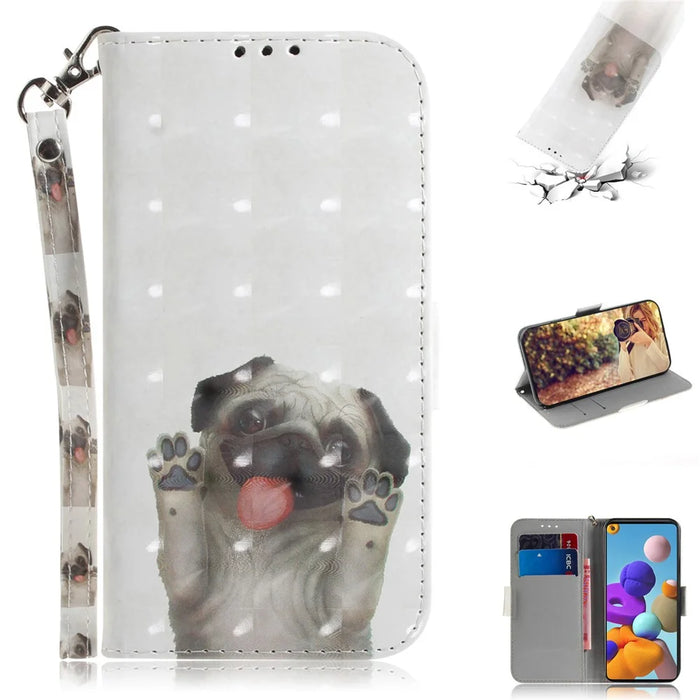 Light Spot Decor Pattern Printing Wallet Stand Leather Case with Strap for Samsung Galaxy A21s - Dog - 1