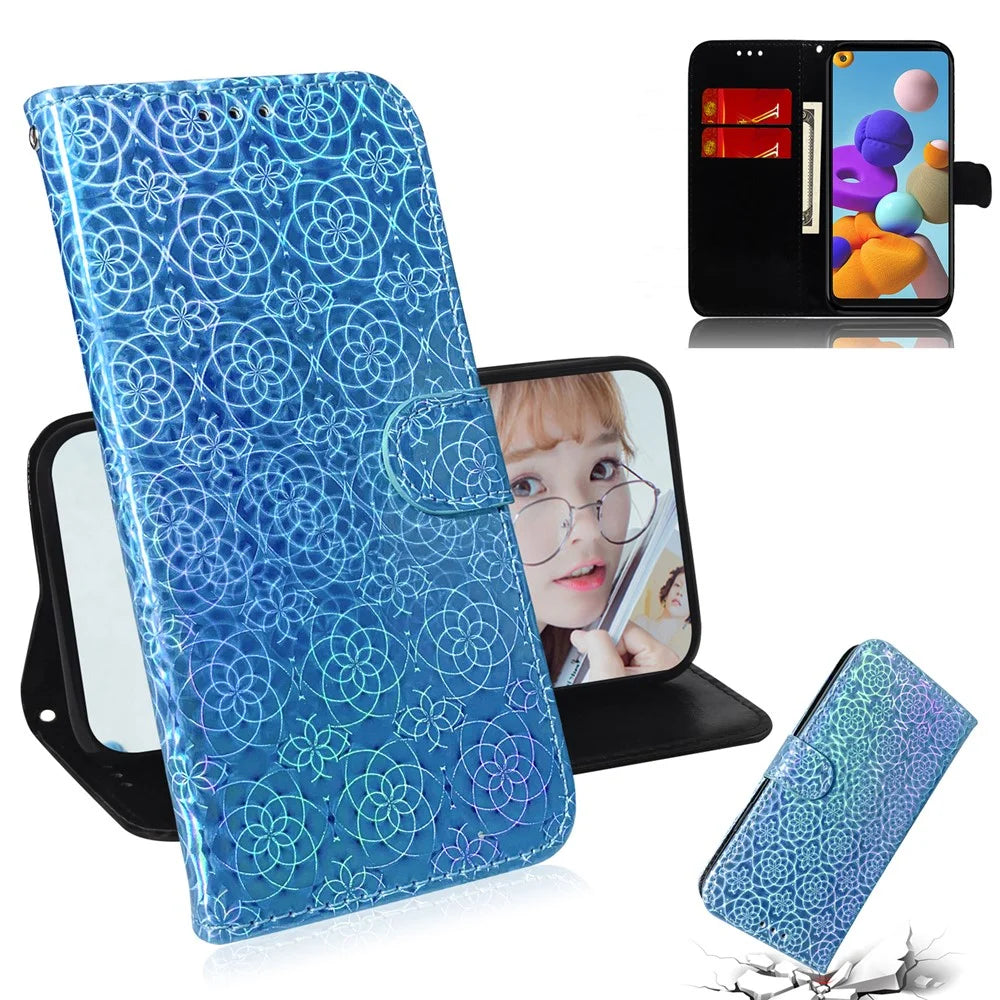 Flower Pattern Leather Stand Wallet Case for Samsung Galaxy A21s - Blue - 1