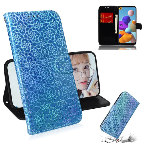 Flower Pattern Leather Stand Wallet Case for Samsung Galaxy A21s - Blue - 1