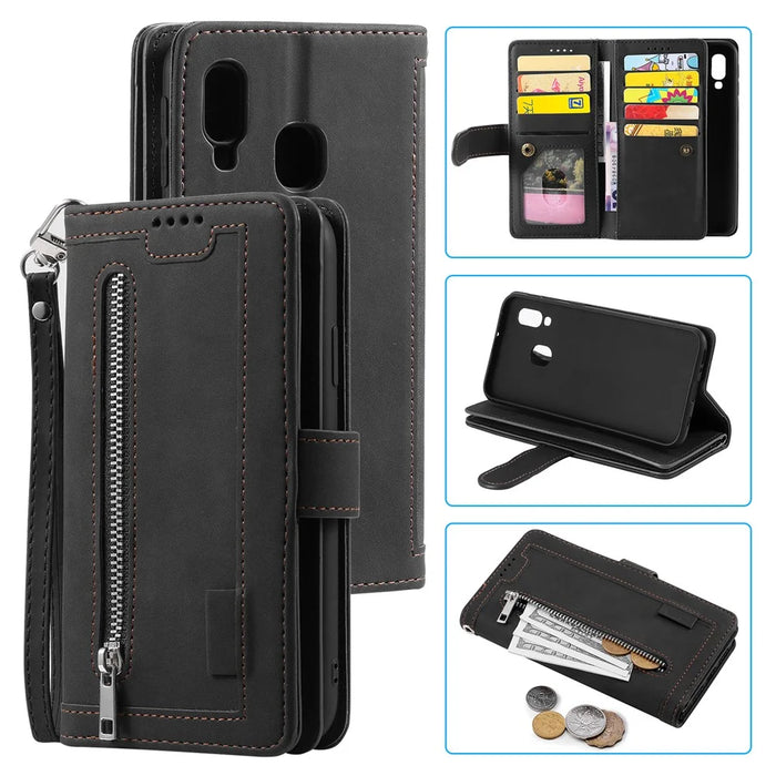 Zipper Pocket 9 Card Slots Leather Wallet Case for Samsung Galaxy A20e - Black - 1