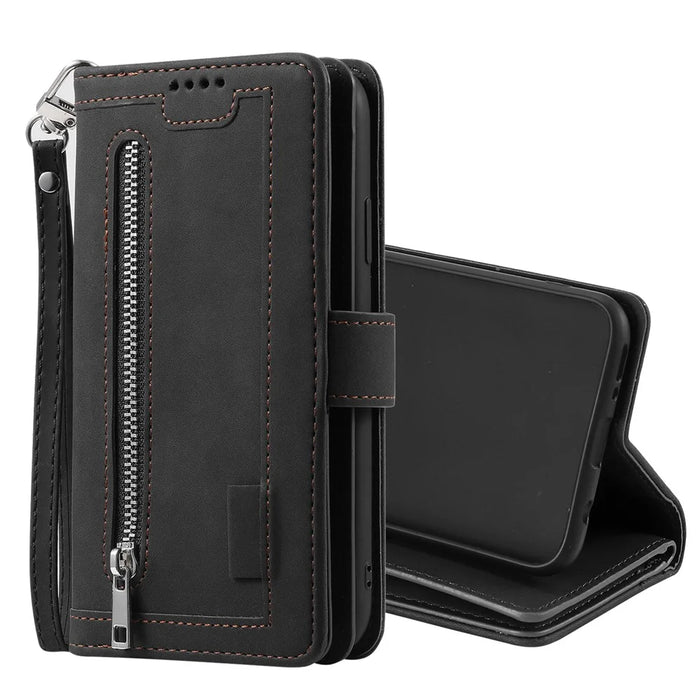 Zipper Pocket 9 Card Slots Leather Wallet Case for Samsung Galaxy A20e - Black - 2
