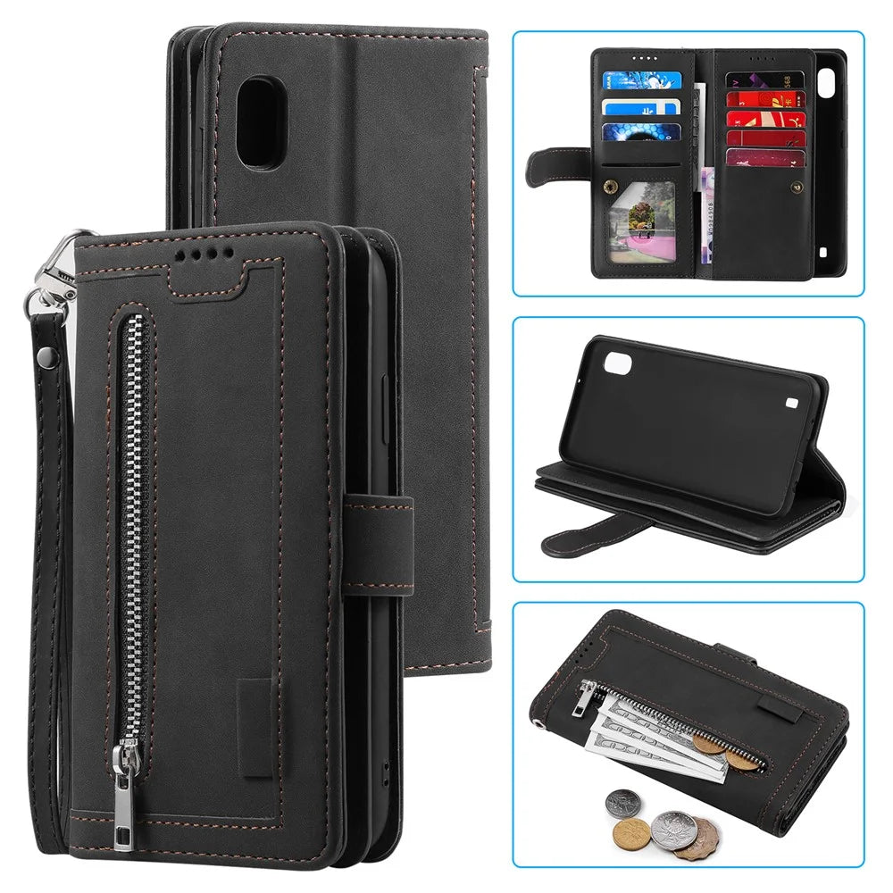 Zipper Pocket 9 Card Slots Leather Wallet Cover for Samsung Galaxy A10 - Black - 1