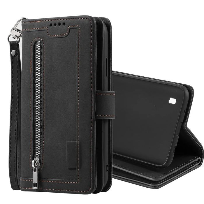 Zipper Pocket 9 Card Slots Leather Wallet Cover for Samsung Galaxy A10 - Black - 2