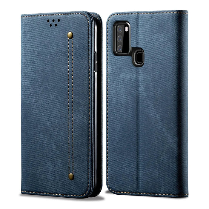 Retro Style Jeans Cloth Leather Shell for Samsung Galaxy A21s - Blue - 2