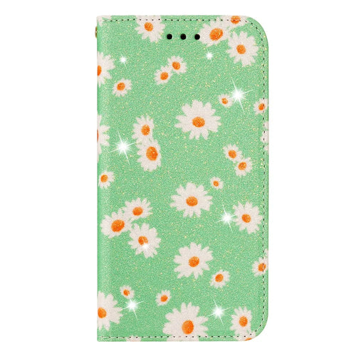 Daisy Pattern Flash Powder Phone Case Card Holder Leather Shell for Samsung Galaxy A51 SM-A515/M40S - Green - 1