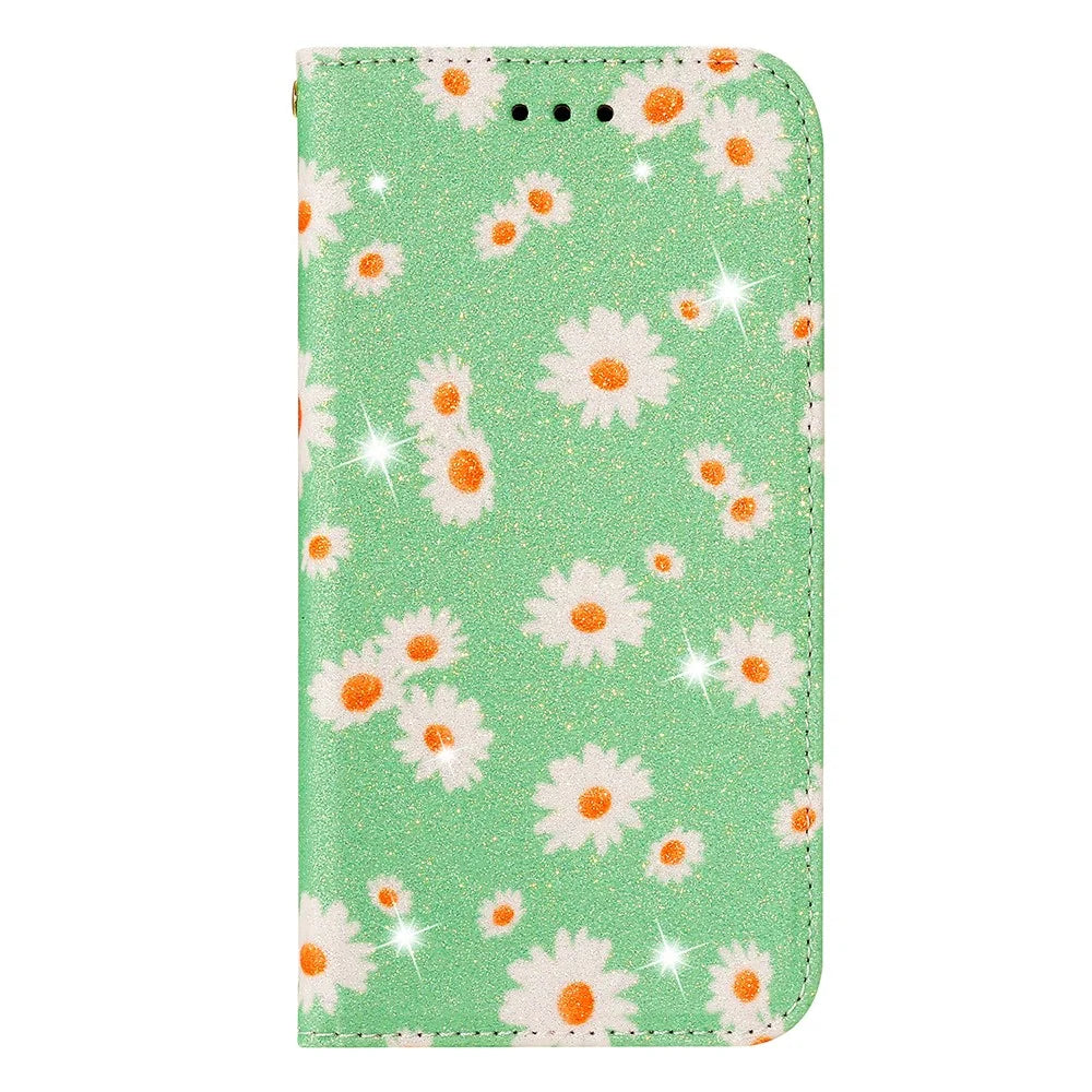 Daisy Pattern Flash Powder Phone Case Card Holder Leather Shell for Samsung Galaxy A51 SM-A515/M40S - Green - 1