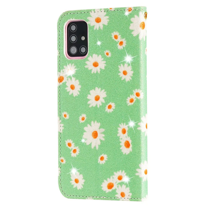 Daisy Pattern Flash Powder Phone Case Card Holder Leather Shell for Samsung Galaxy A51 SM-A515/M40S - Green - 2