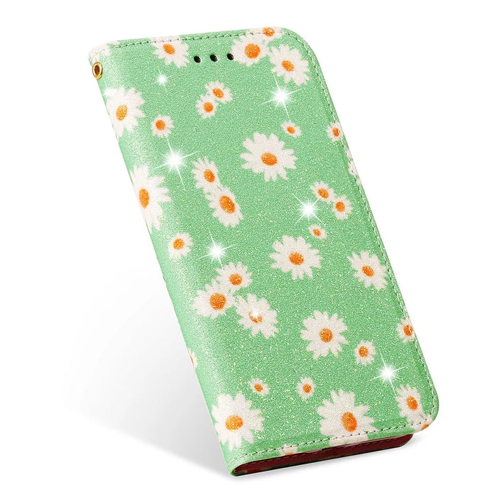Daisy Pattern Flash Powder Phone Case Card Holder Leather Shell for Samsung Galaxy A51 SM-A515/M40S - Green - 3