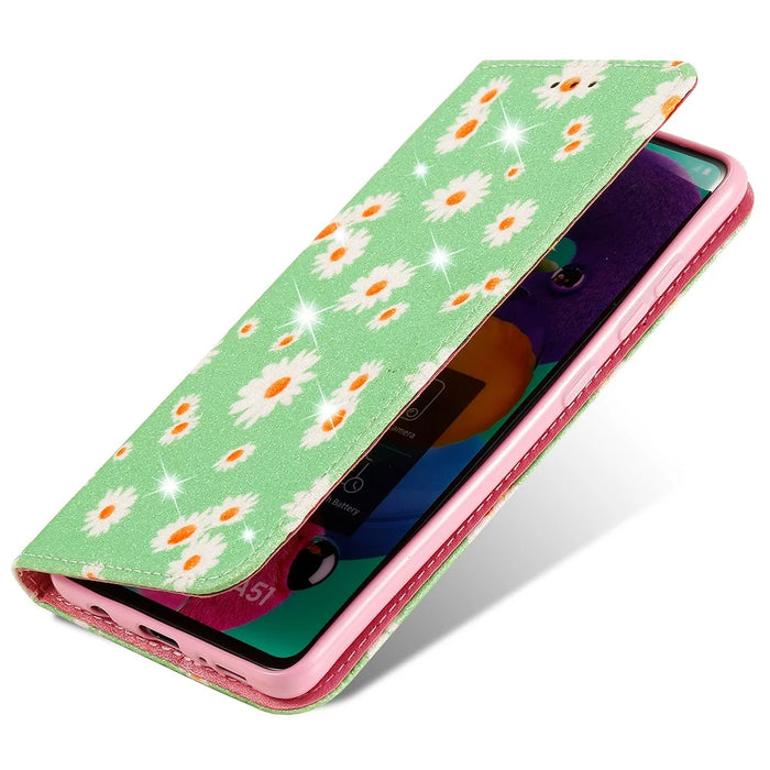 Daisy Pattern Flash Powder Phone Case Card Holder Leather Shell for Samsung Galaxy A51 SM-A515/M40S - Green - 4