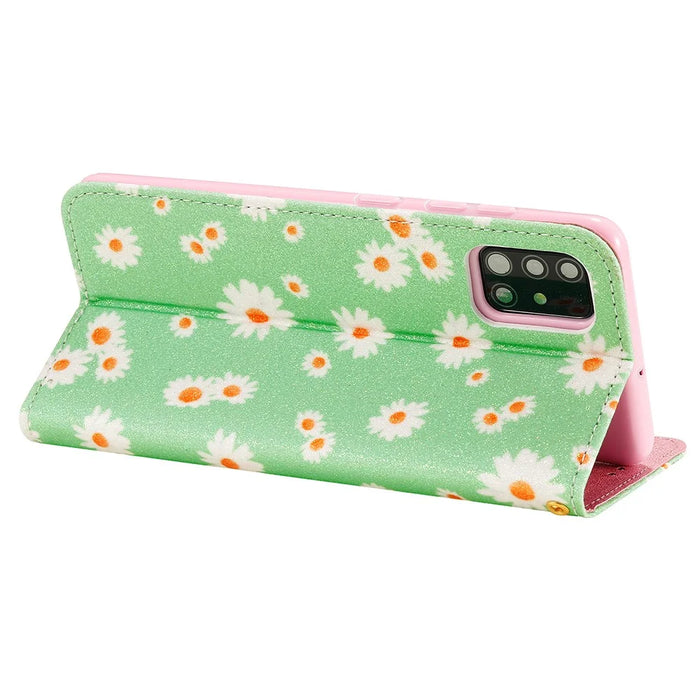 Daisy Pattern Flash Powder Phone Case Card Holder Leather Shell for Samsung Galaxy A51 SM-A515/M40S - Green - 5