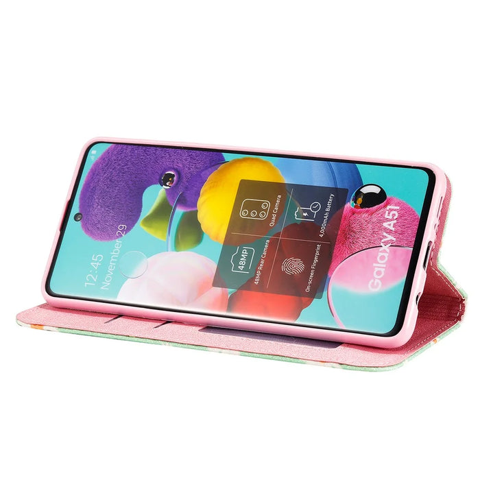 Daisy Pattern Flash Powder Phone Case Card Holder Leather Shell for Samsung Galaxy A51 SM-A515/M40S - Green - 6