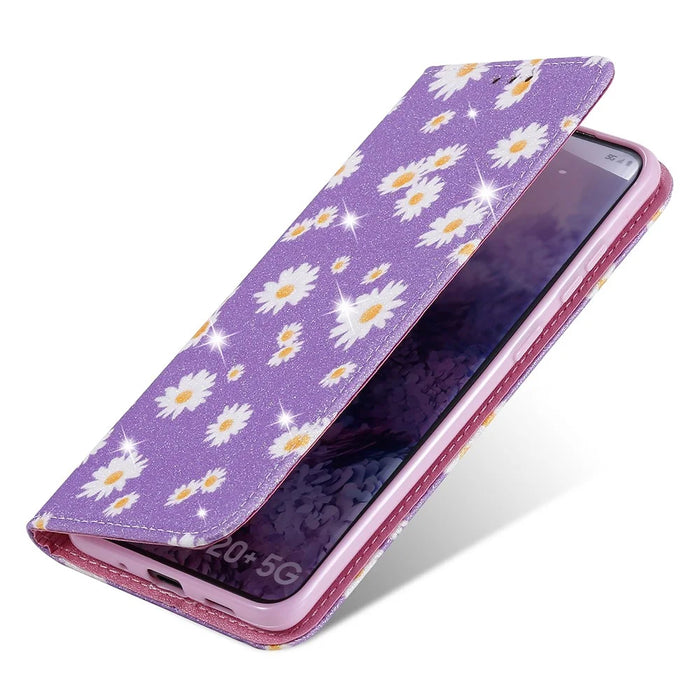 Daisy Pattern Flash Powder Style PU Leather Shell for Samsung Galaxy S20 Plus - Purple - 6
