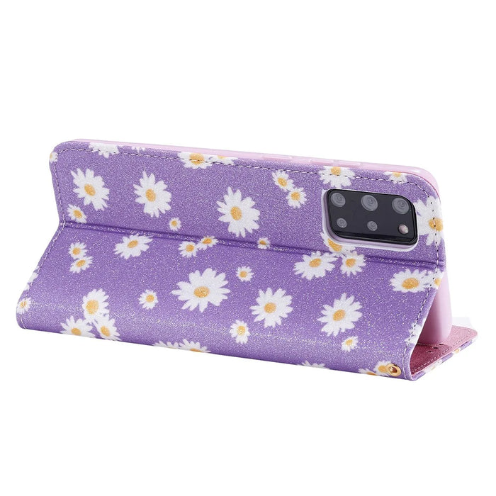 Daisy Pattern Flash Powder Style PU Leather Shell for Samsung Galaxy S20 Plus - Purple - 7