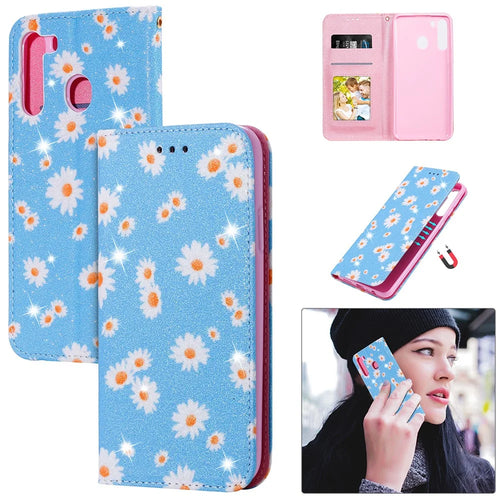 Daisy Style Cover Flash Powder Leather Case for Samsung Galaxy A21 - Blue - 1