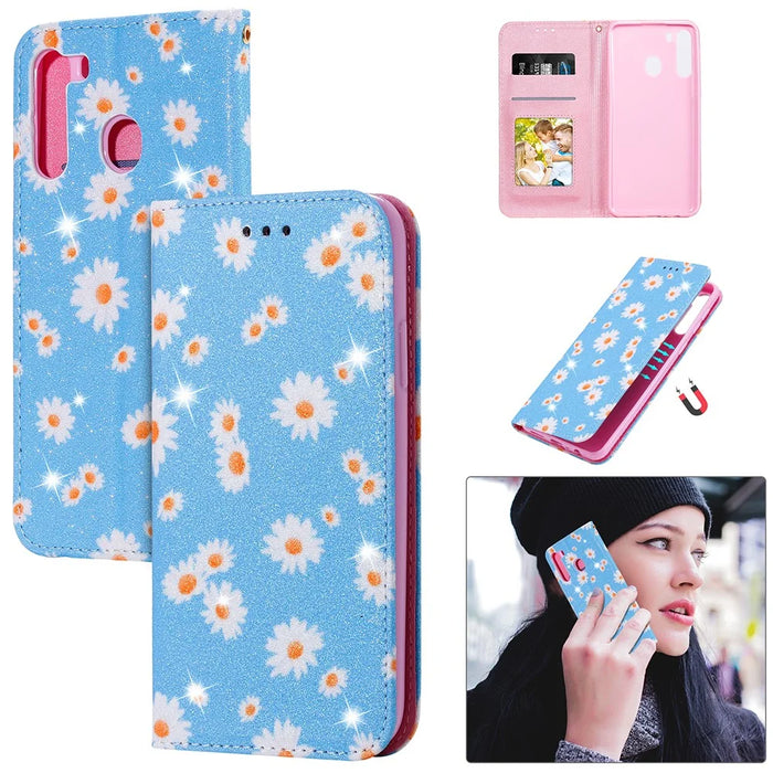Daisy Style Cover Flash Powder Leather Case for Samsung Galaxy A21 - Blue - 1